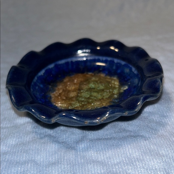 Artisan Pottery Crackle Glass "Geode" Blue Green Brown Stoneware Trinket Dish. - Picture 10 of 12